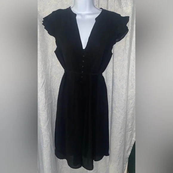 H&M Pintuck Flutter Sleeve Tie Waist Black Chiffon Dress size 12